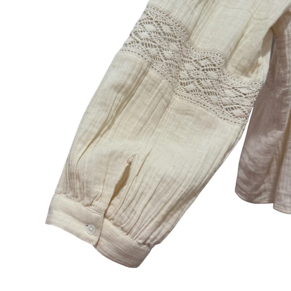 Indi & Cold Cotton Gauze Long Sleeve Top Boho Cottage Prairie Peasant Cream XL